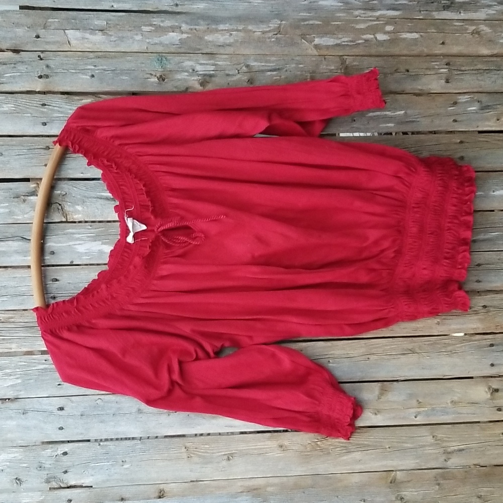 Hot Red Sauci Plus 2X Peasant Boho Smocked Waist Cuffs Blouse